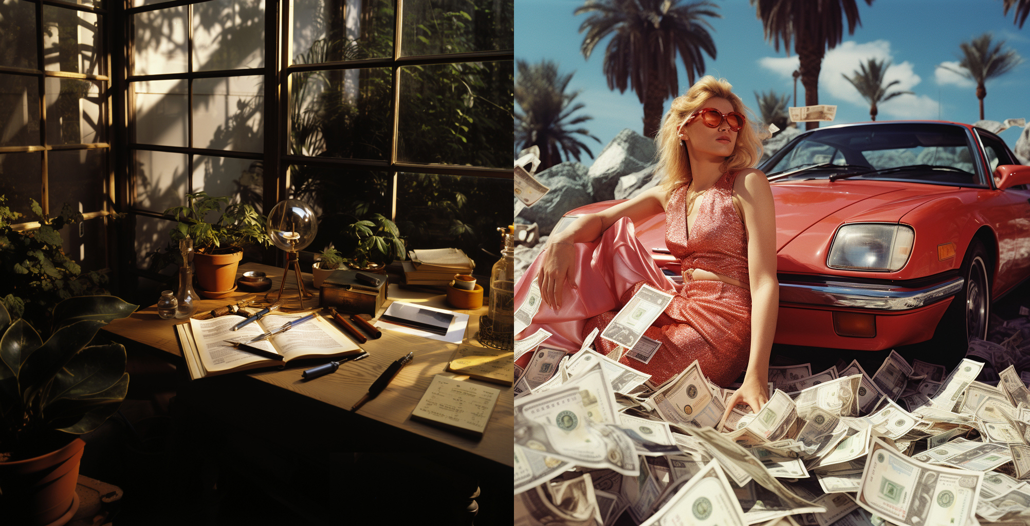 A split image showing two contrasting lifestyles. On one side, a desk with tools for self understanding and plants that are cared for, which represent the Real Value Man lifestyle, and on the other, a disinterested woman, sports car, and lots of money, which represent the High Value Man lifestyle.
